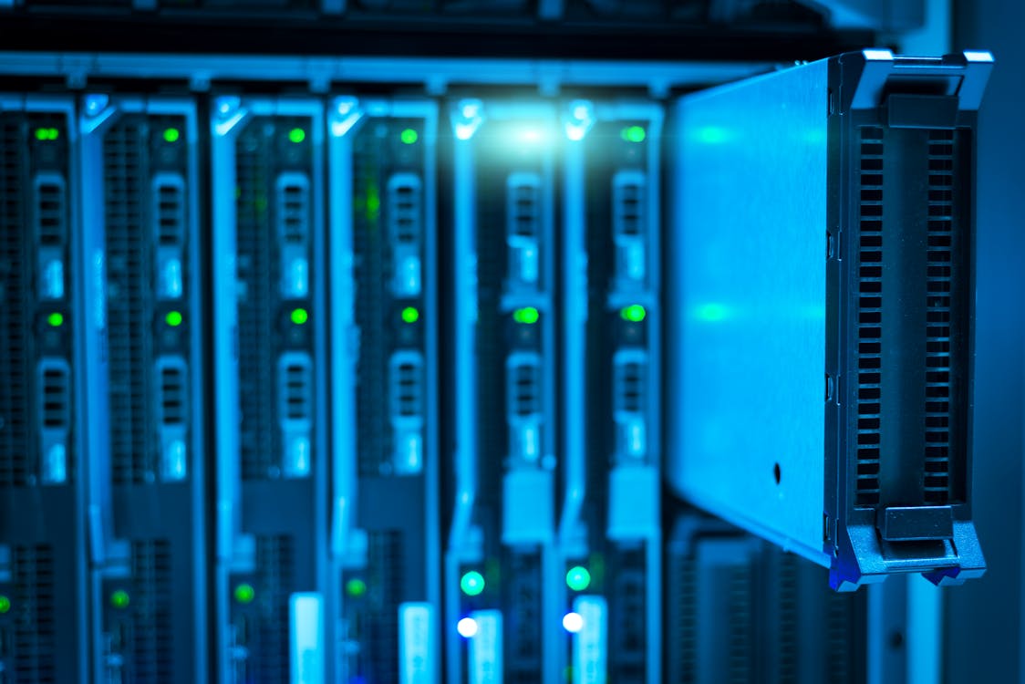 Close-up of server rack hardware in a data center